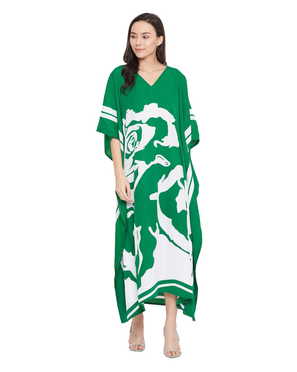Floral Printed Green Polyester Kaftan Plus Size Dress For Women