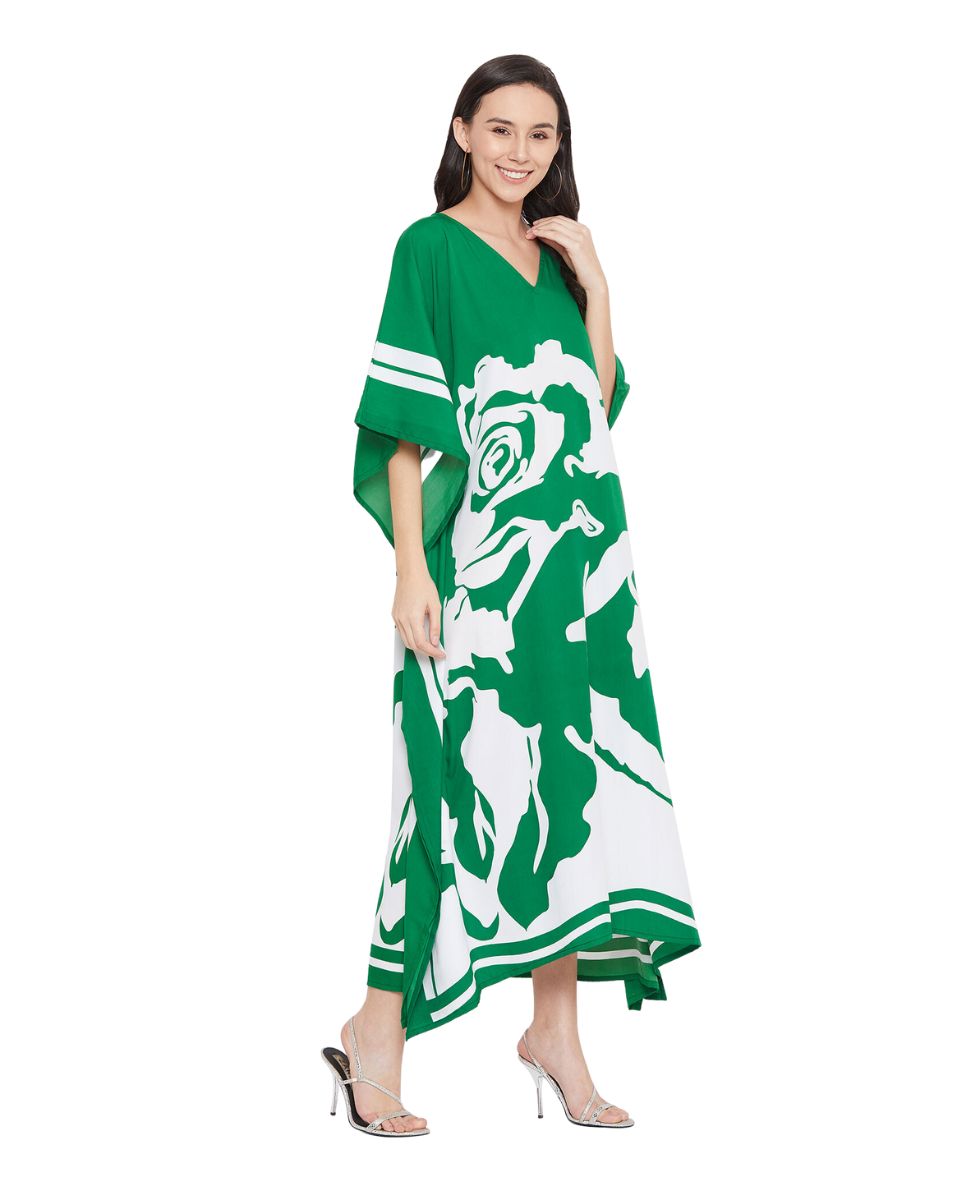 Floral Printed Green Polyester Kaftan Plus Size Dress For Women