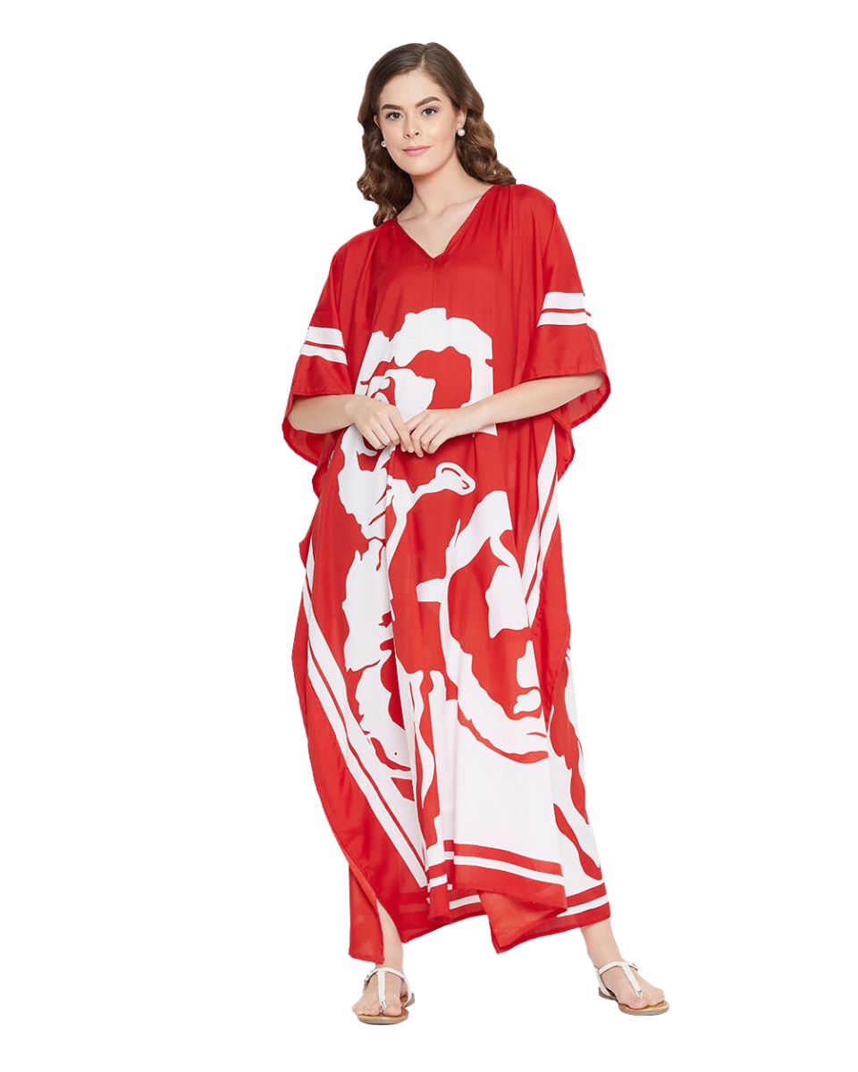 Floral Printed Red Polyester Plus Size Kaftan Dress For Women
