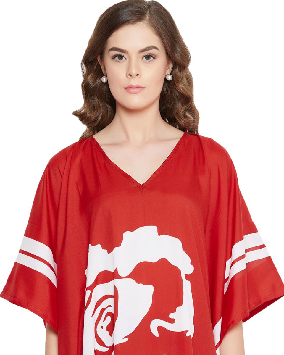 Floral Printed Red Polyester Plus Size Kaftan Dress For Women