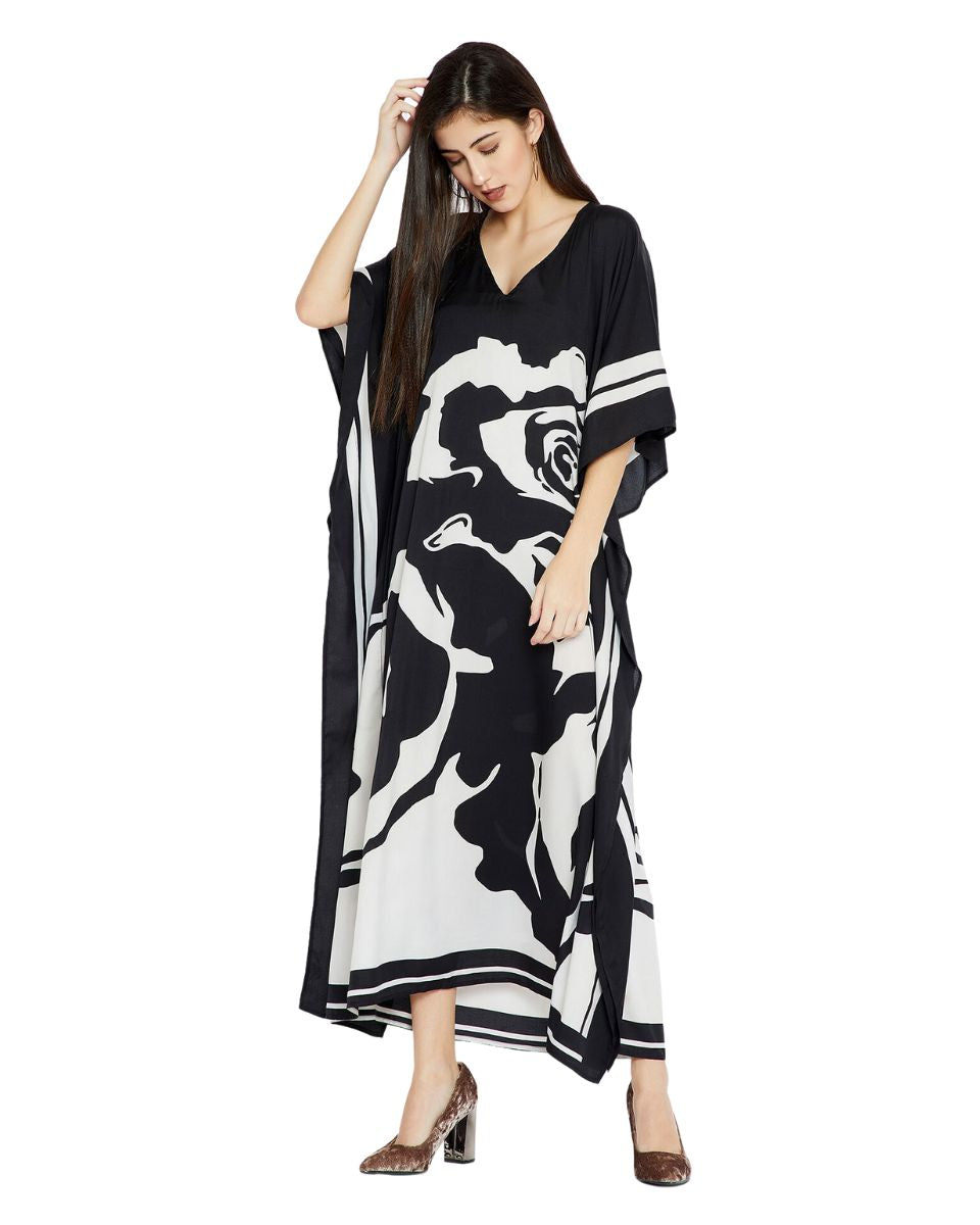 Floral Printed Black Polyester Plus Size Kaftan Dress For Women