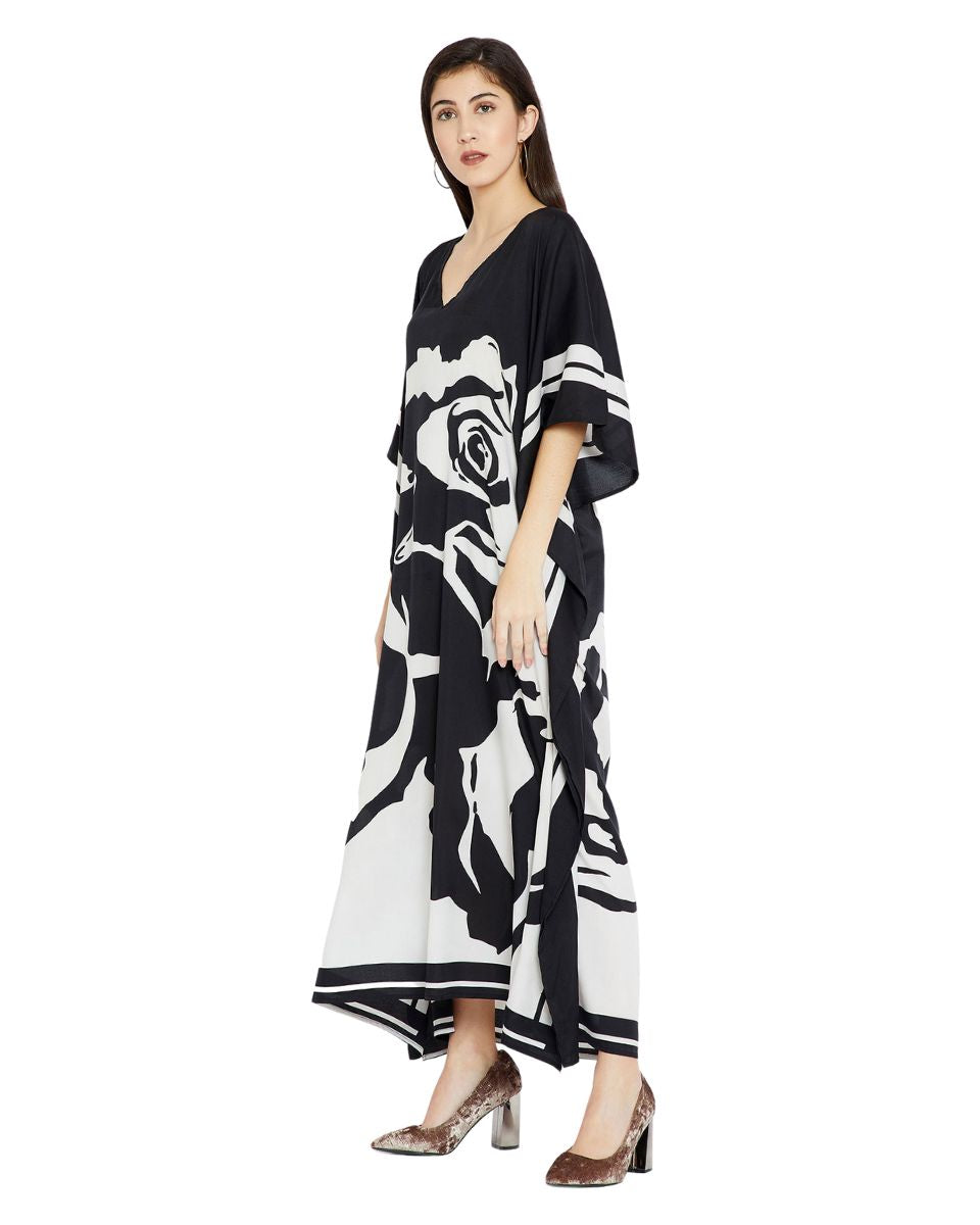 Floral Printed Black Polyester Plus Size Kaftan Dress For Women