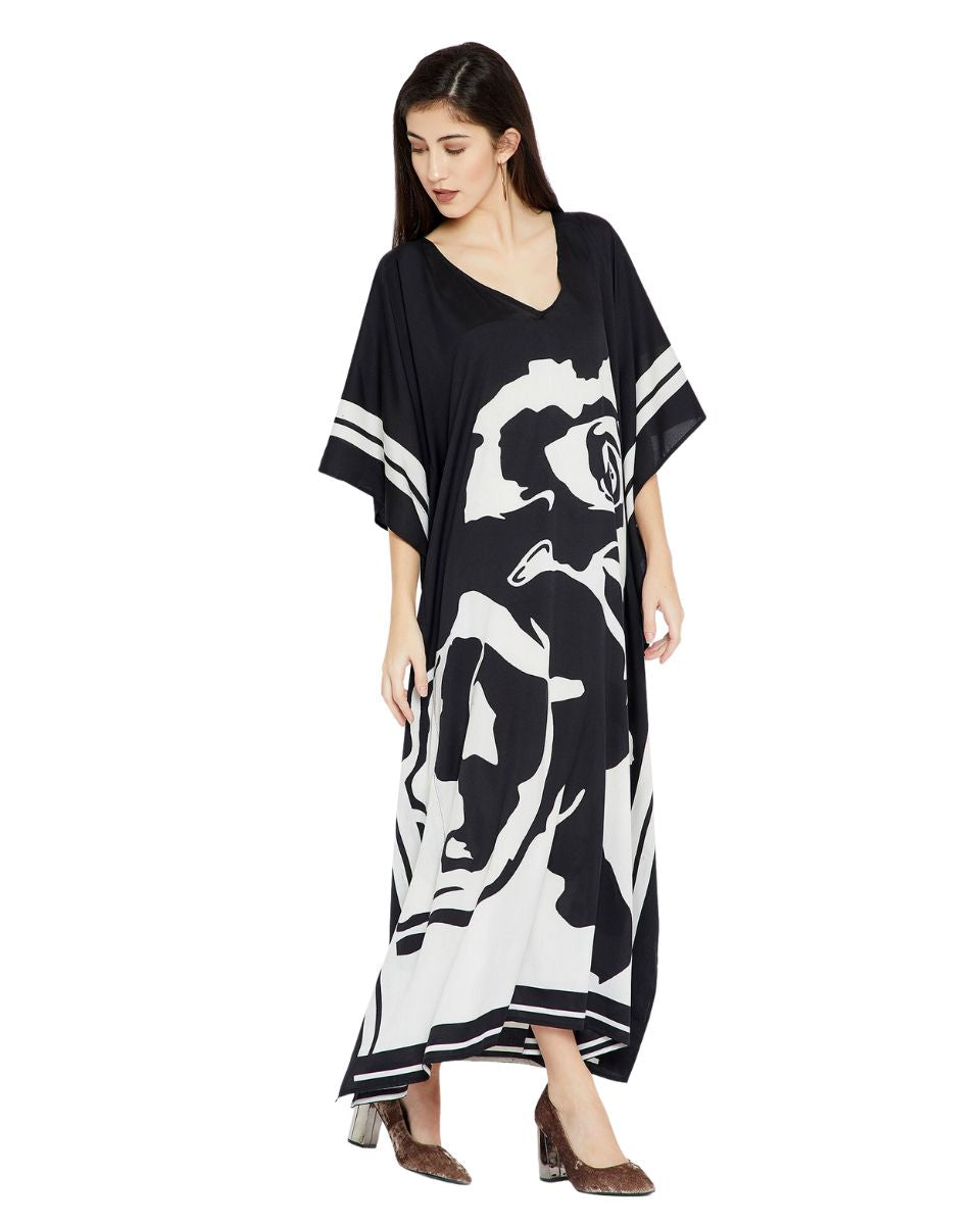 Floral Printed Black Polyester Plus Size Kaftan Dress For Women