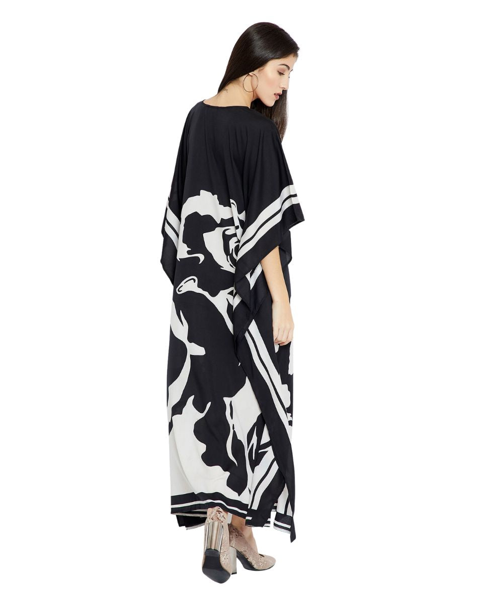 Floral Printed Black Polyester Plus Size Kaftan Dress For Women