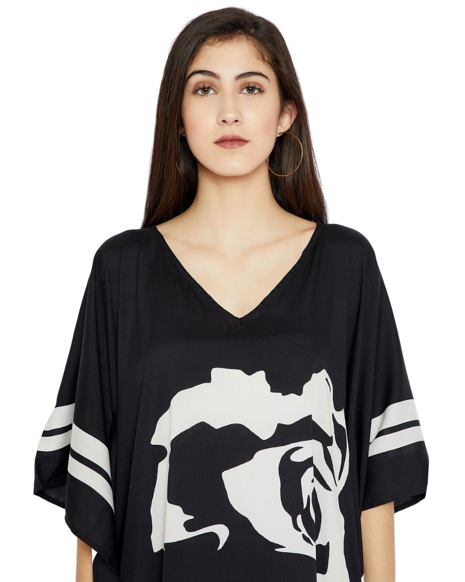 Floral Printed Black Polyester Plus Size Kaftan Dress For Women