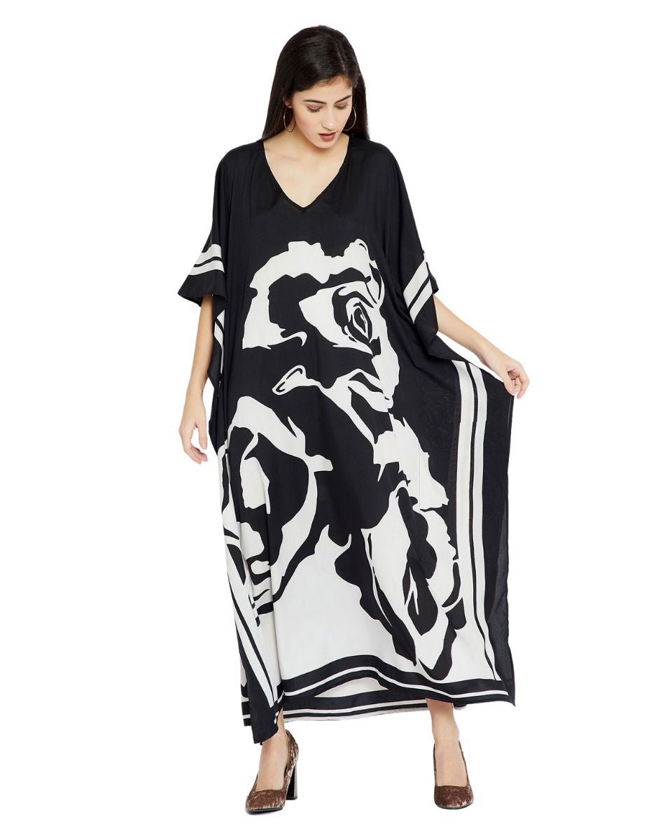 Floral Printed Black Polyester Plus Size Kaftan Dress For Women