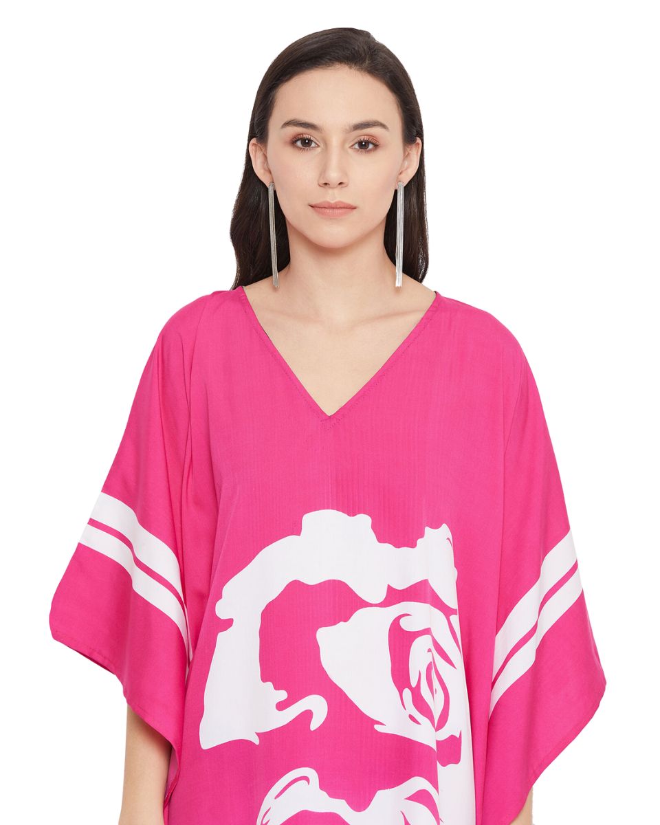 Floral Printed Pink Polyester Kaftan Dress For Plus Size Women