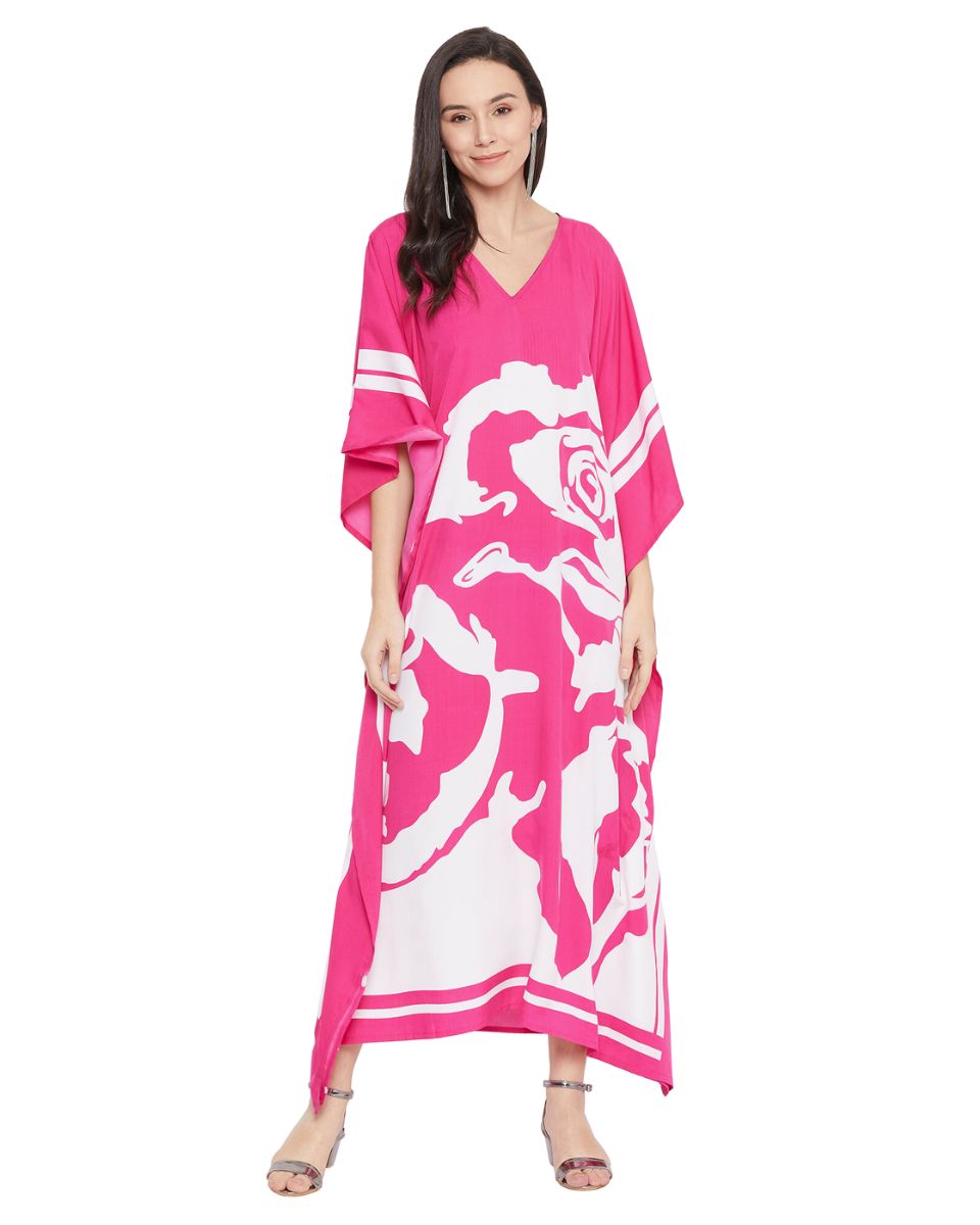 Floral Printed Pink Polyester Kaftan Dress For Plus Size Women