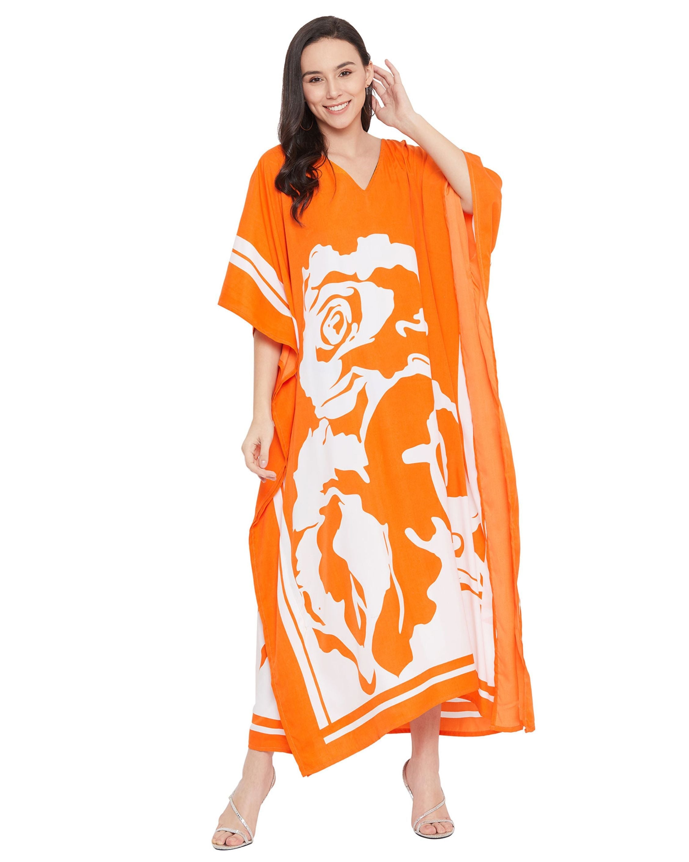 Floral Printed Orange Plus Size Polyester Kaftan Dress For Women