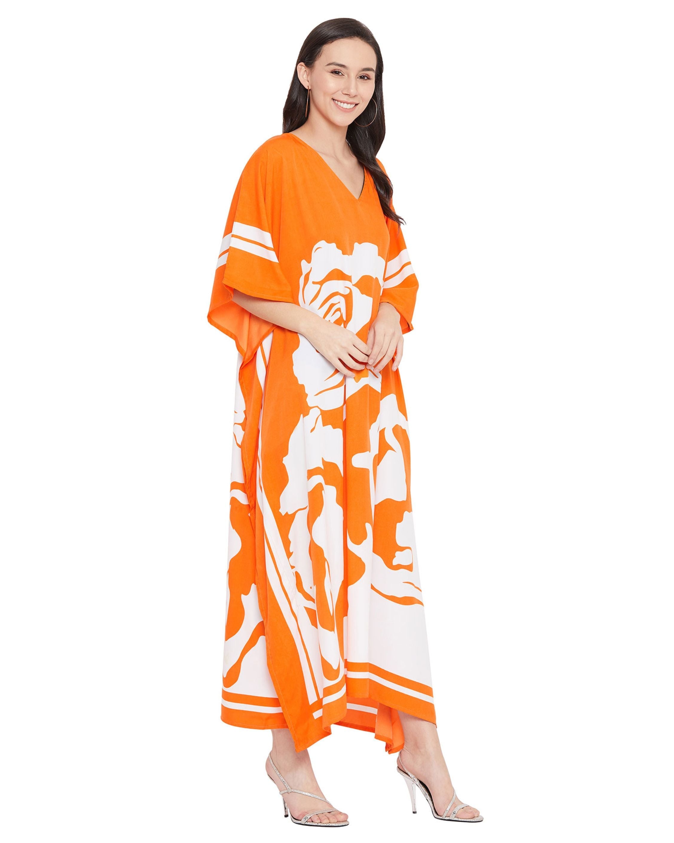 Floral Printed Orange Plus Size Polyester Kaftan Dress For Women