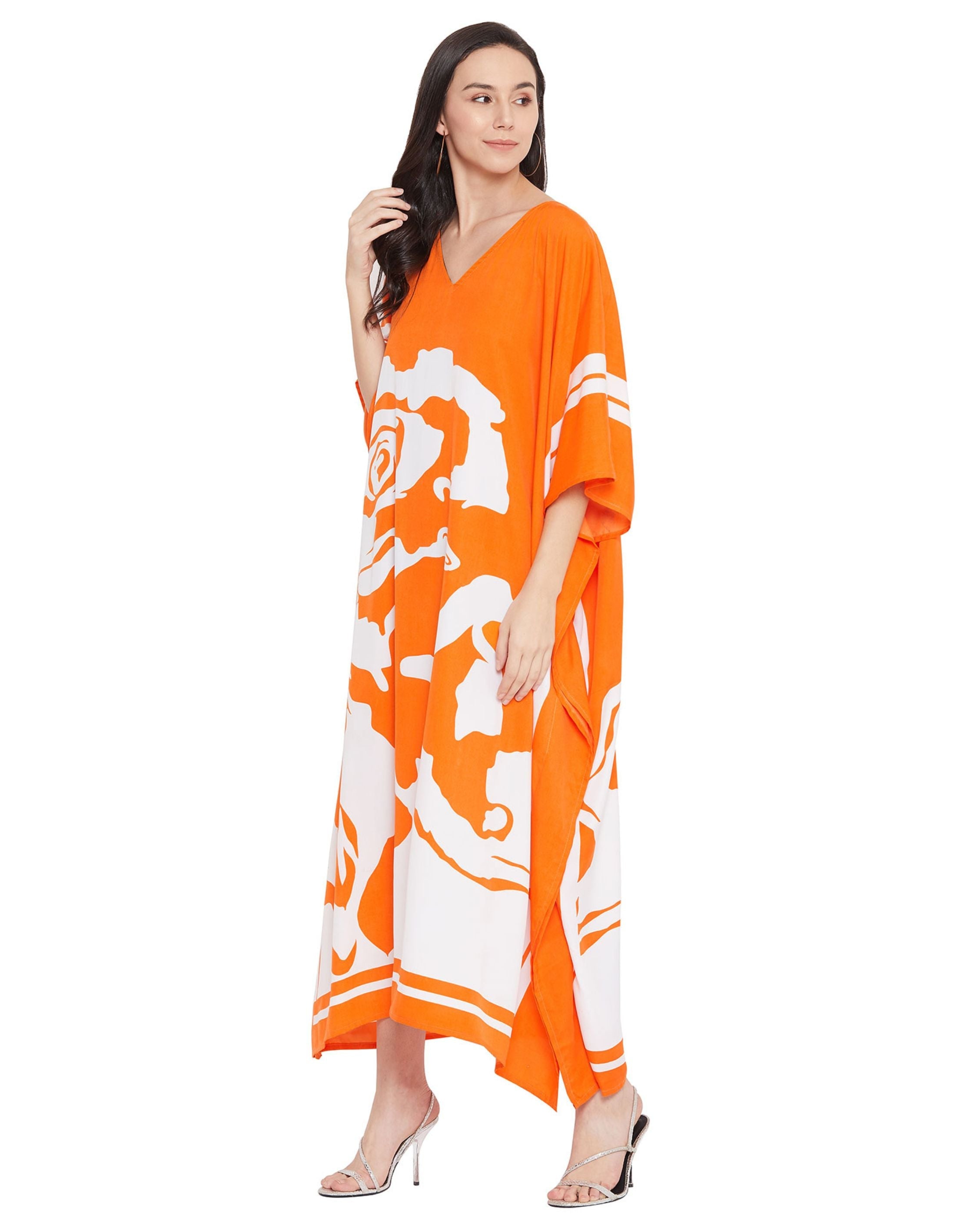 Floral Printed Orange Plus Size Polyester Kaftan Dress For Women