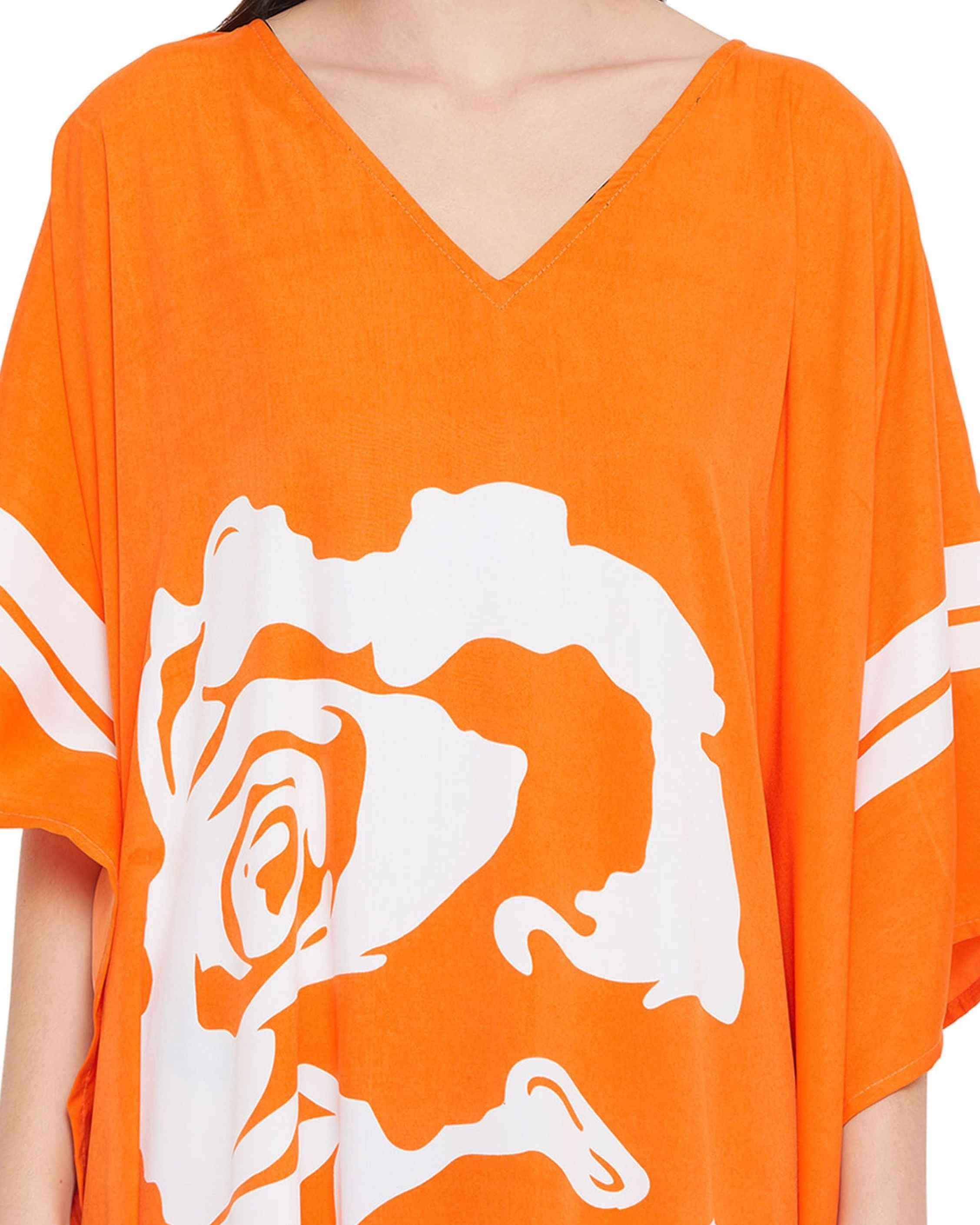 Floral Printed Orange Plus Size Polyester Kaftan Dress For Women