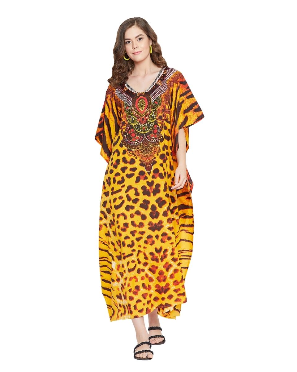 Animal Printed Yellow Polyester Kaftan Plus Size Dress For Women