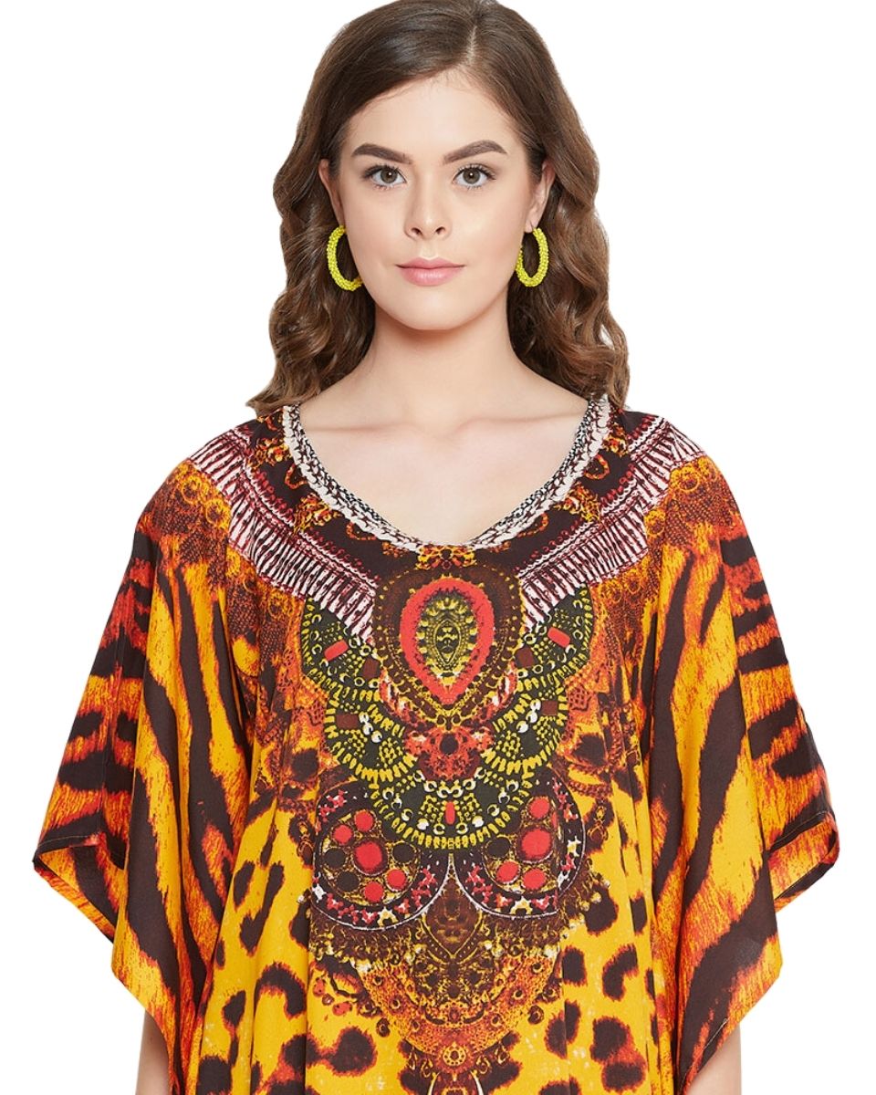 Animal Printed Yellow Polyester Kaftan Plus Size Dress For Women