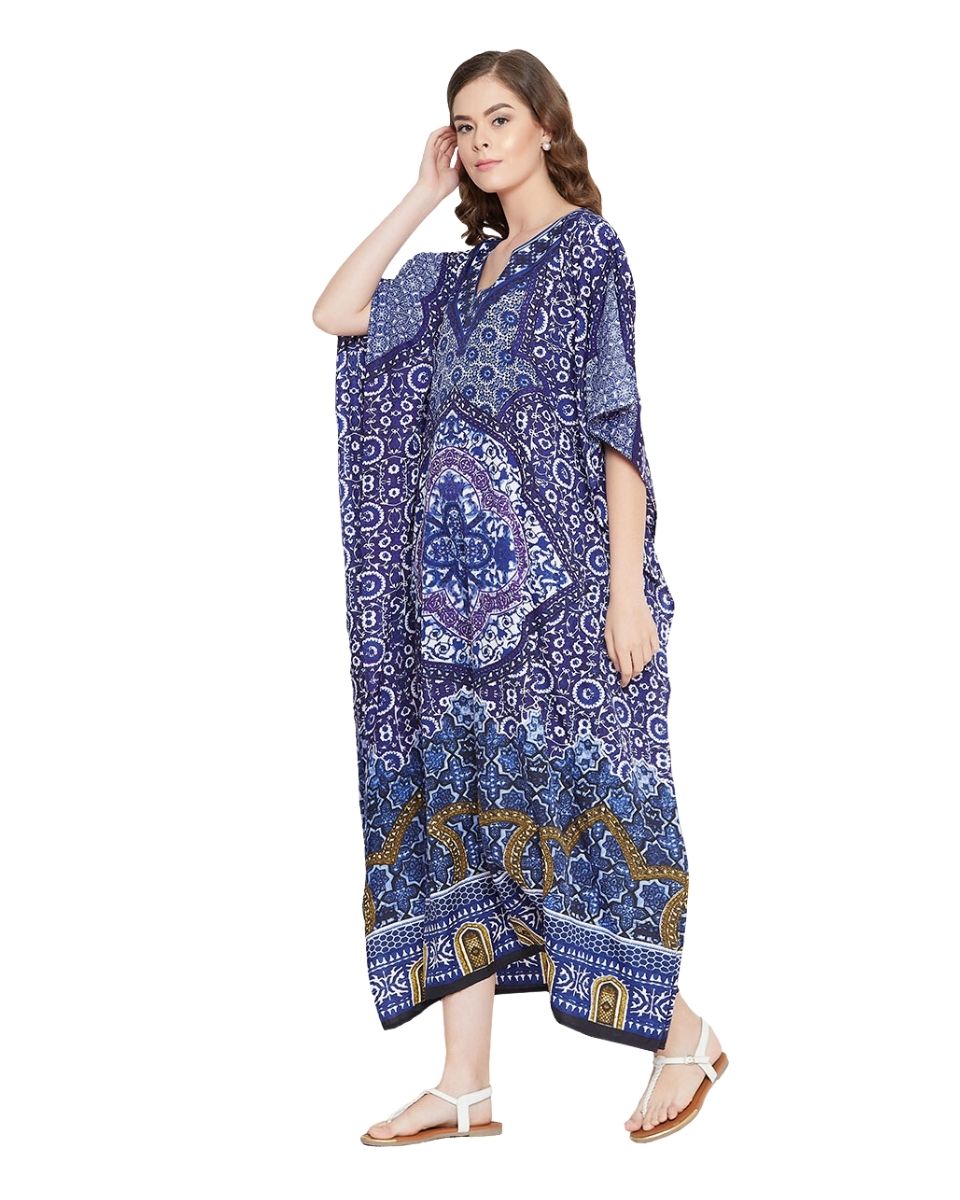 Floral And Mandala Printed Dark Blue Polyester Kaftan Plus Size Women