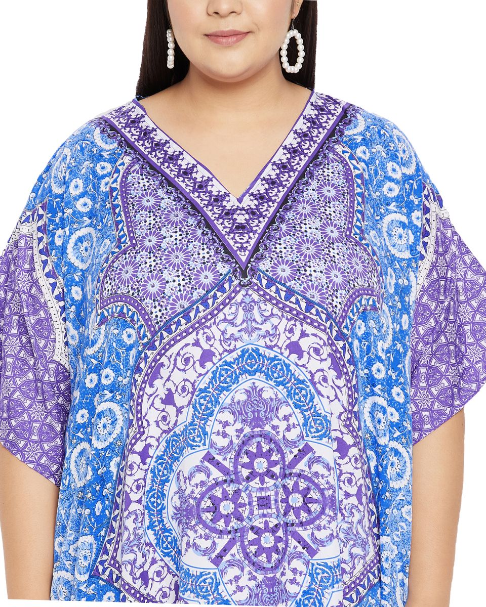 Floral Printed Blue Polyester Kaftan Plus Size Dress For Women