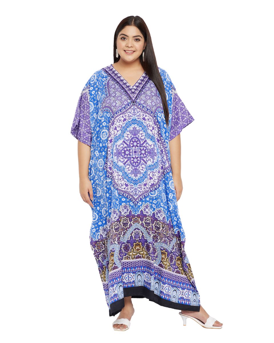Floral Printed Blue Polyester Kaftan Plus Size Dress For Women