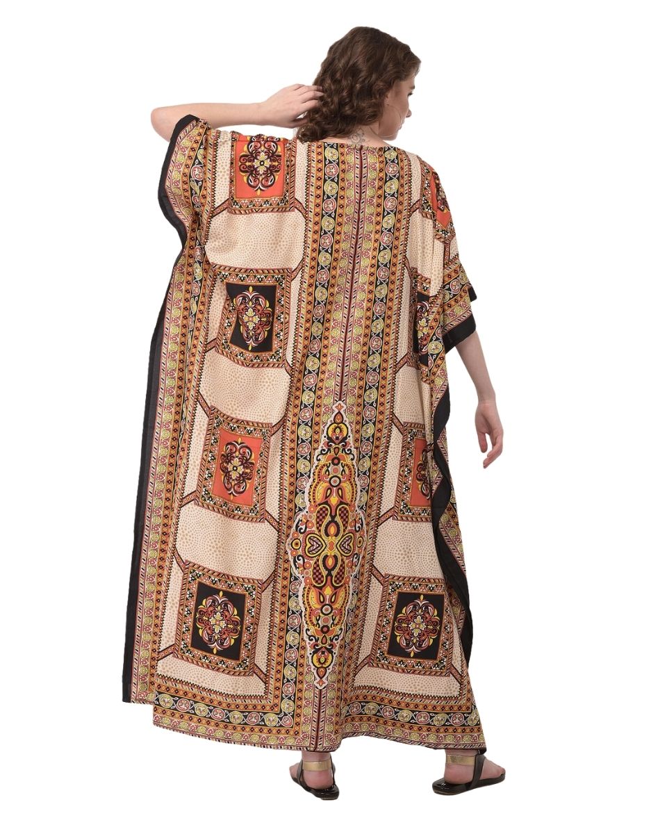 Paisley Printed Beige Polyester Plus Size Kaftan Dress For Women