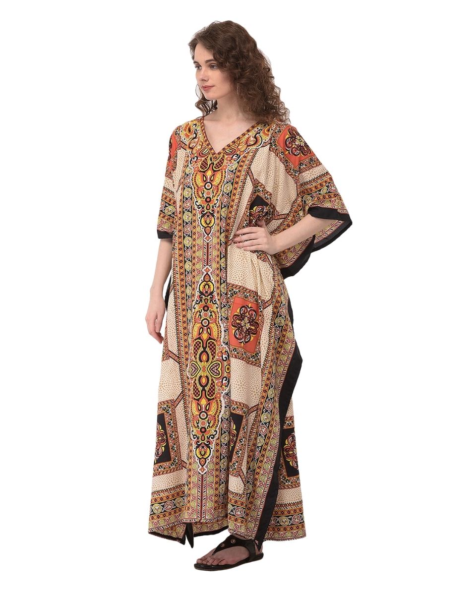 Paisley Printed Beige Polyester Plus Size Kaftan Dress For Women