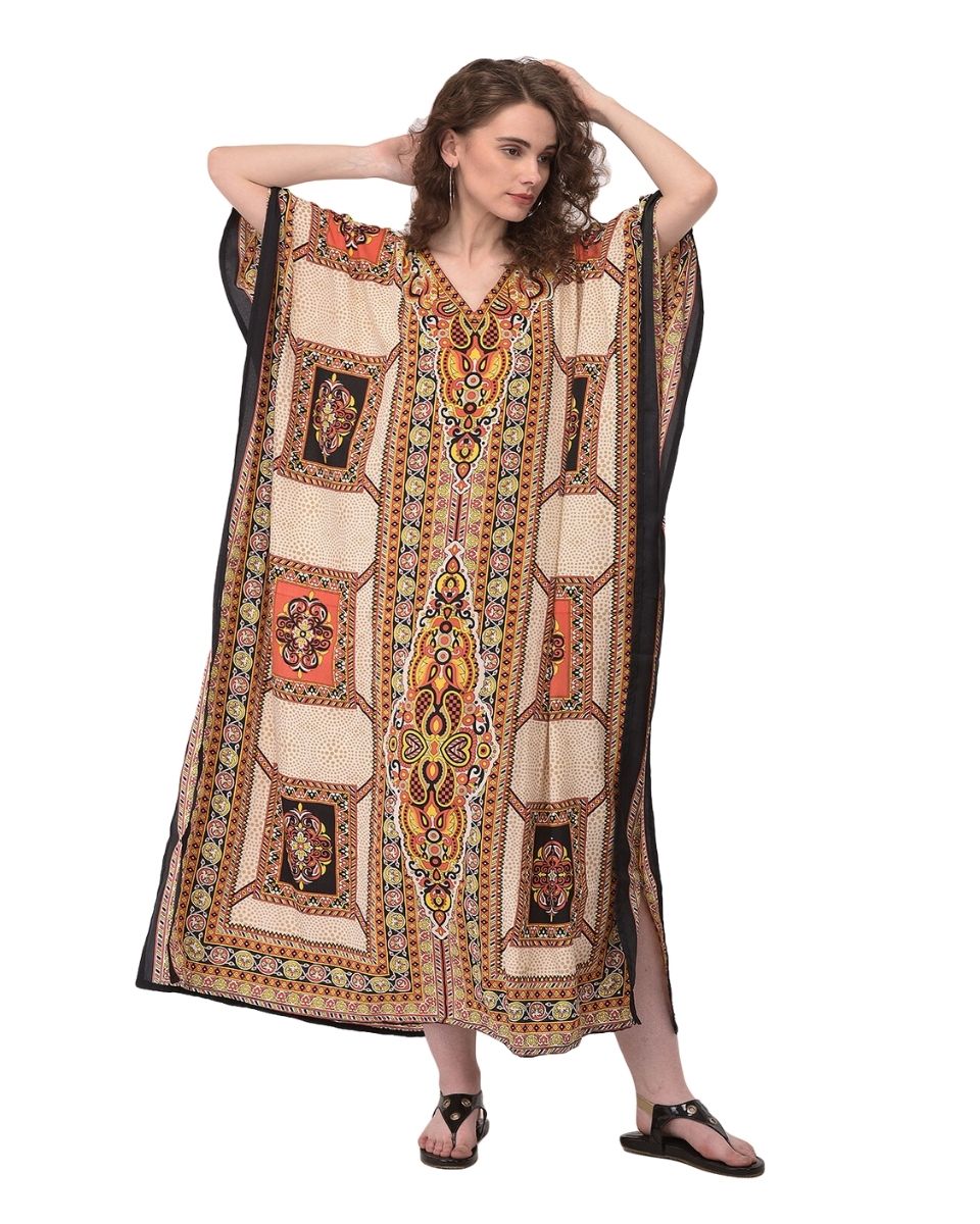 Paisley Printed Beige Polyester Plus Size Kaftan Dress For Women
