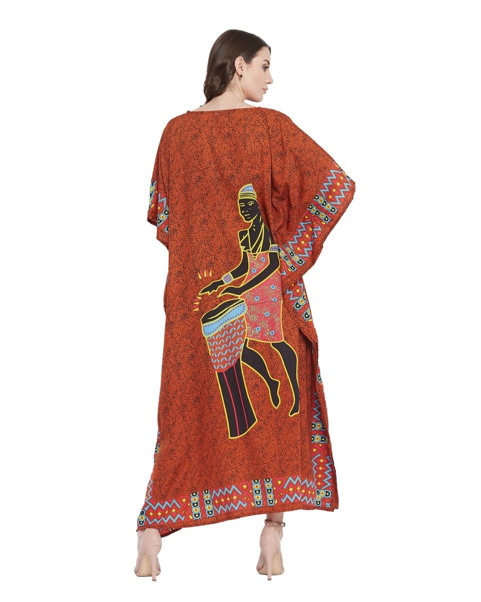 Brown Tribal Printed Polyester Kaftan Dress For Plus Size Women