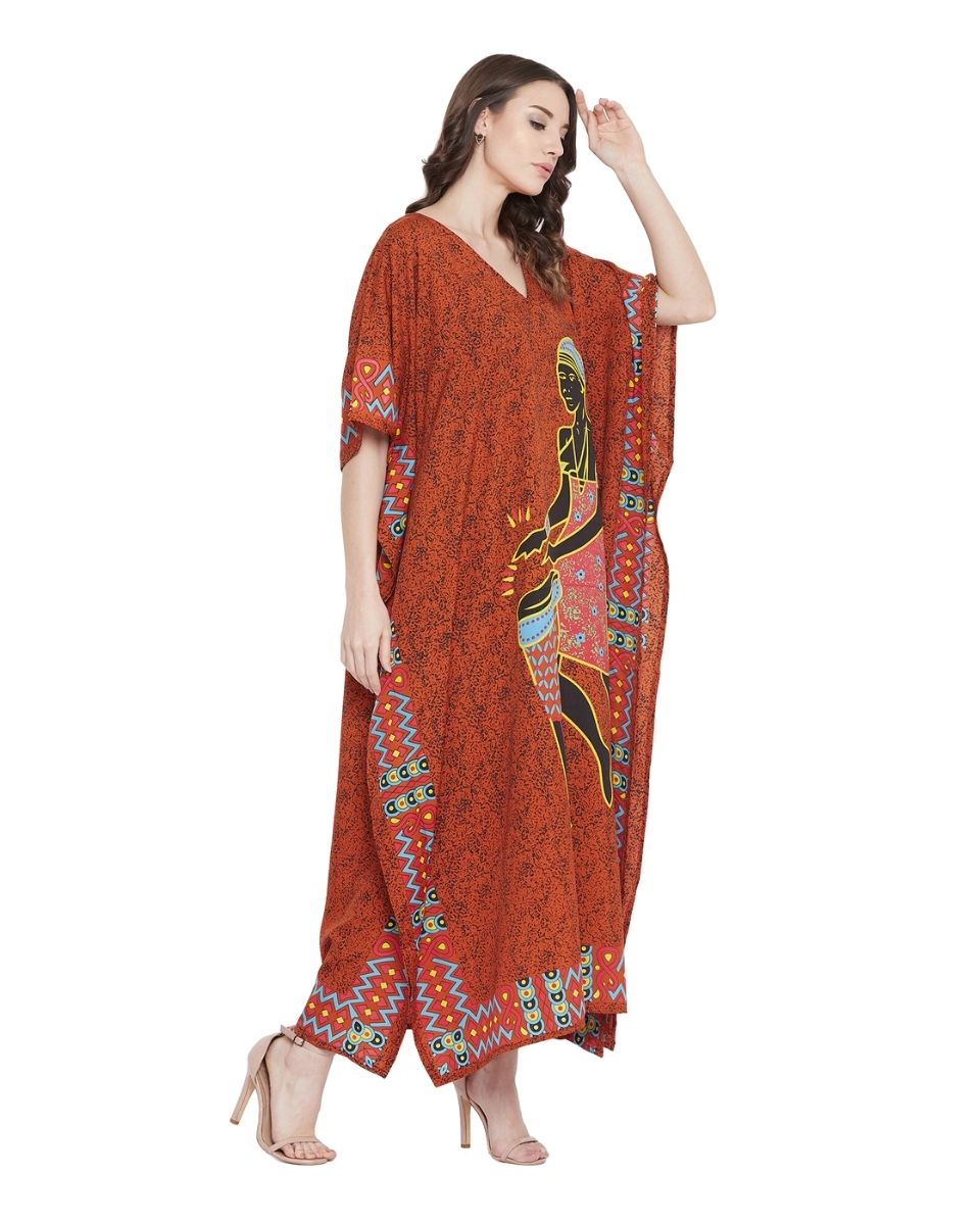 Brown Tribal Printed Polyester Kaftan Dress For Plus Size Women