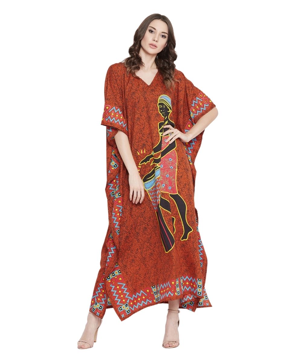 Brown Tribal Printed Polyester Kaftan Dress For Plus Size Women