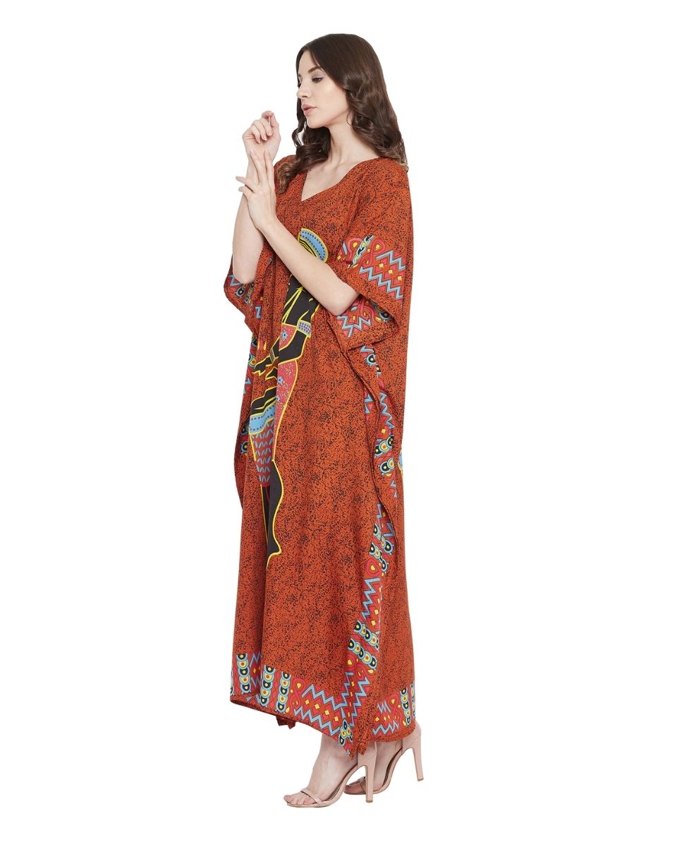 Brown Tribal Printed Polyester Kaftan Dress For Plus Size Women