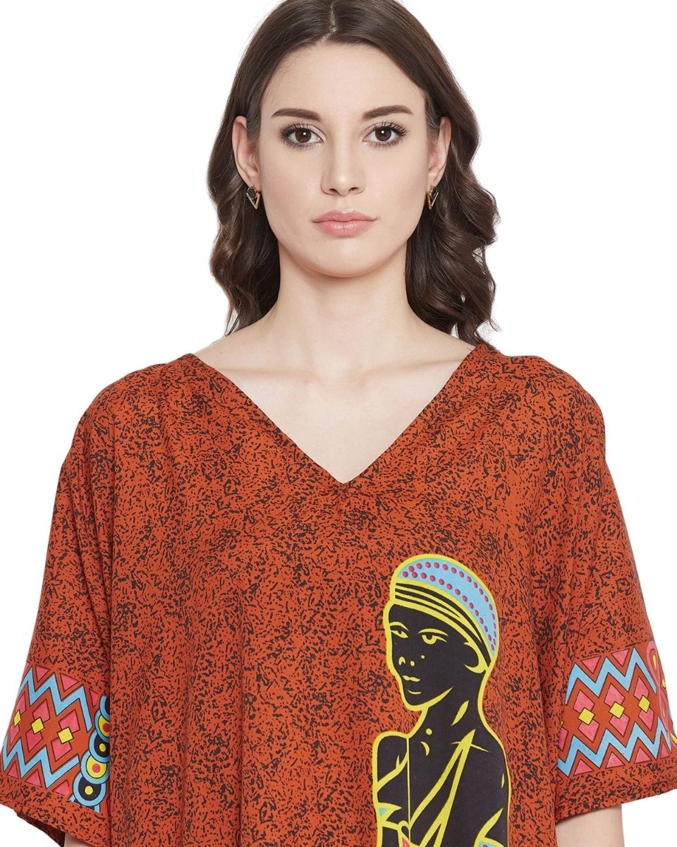 Brown Tribal Printed Polyester Kaftan Dress For Plus Size Women