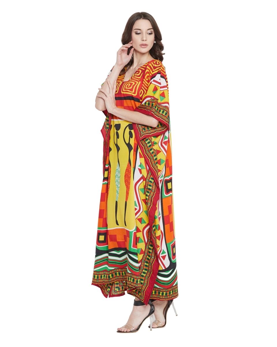 Orange Tribal Printed Polyester Kaftan For Plus Size Women