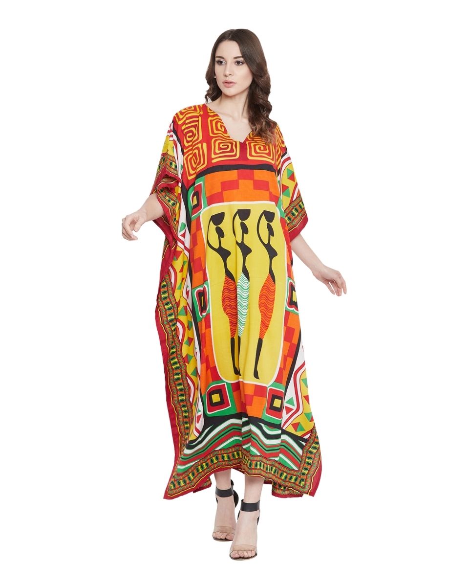 Orange Tribal Printed Polyester Kaftan For Plus Size Women