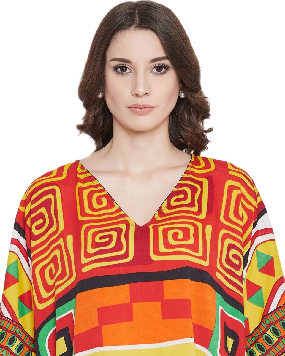 Orange Tribal Printed Polyester Kaftan For Plus Size Women