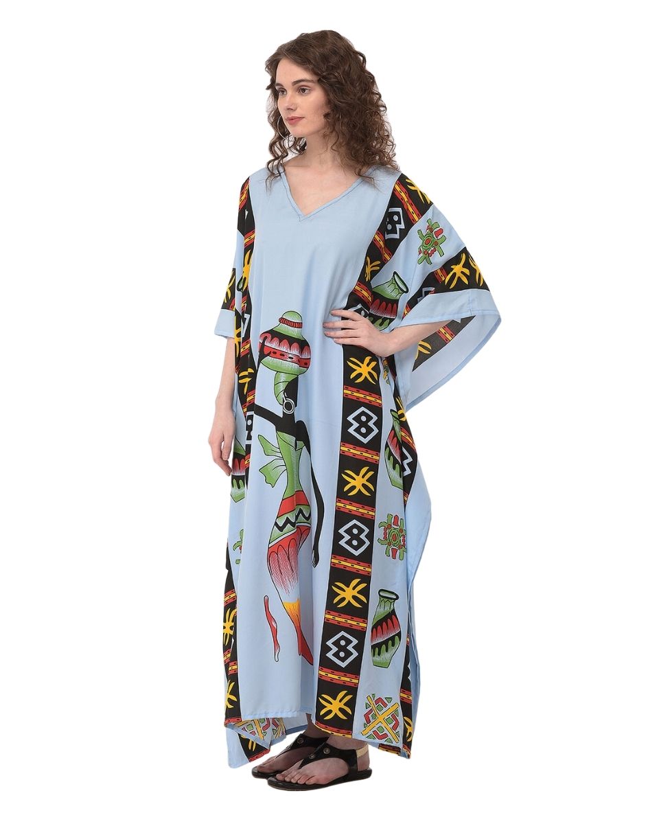 Dusty Blue Kaftan Plus Size Tribal Printed Polyester For Women