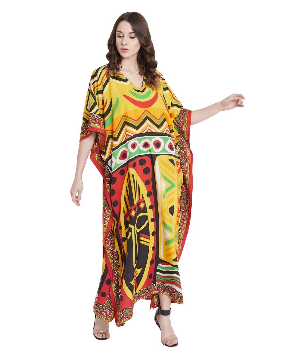 Kaftan Dress For Plus Size Women Tribal Printed Multicolor Polyester