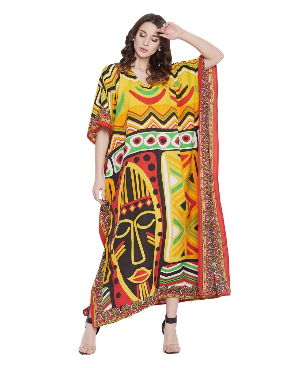 Kaftan Dress For Plus Size Women Tribal Printed Multicolor Polyester