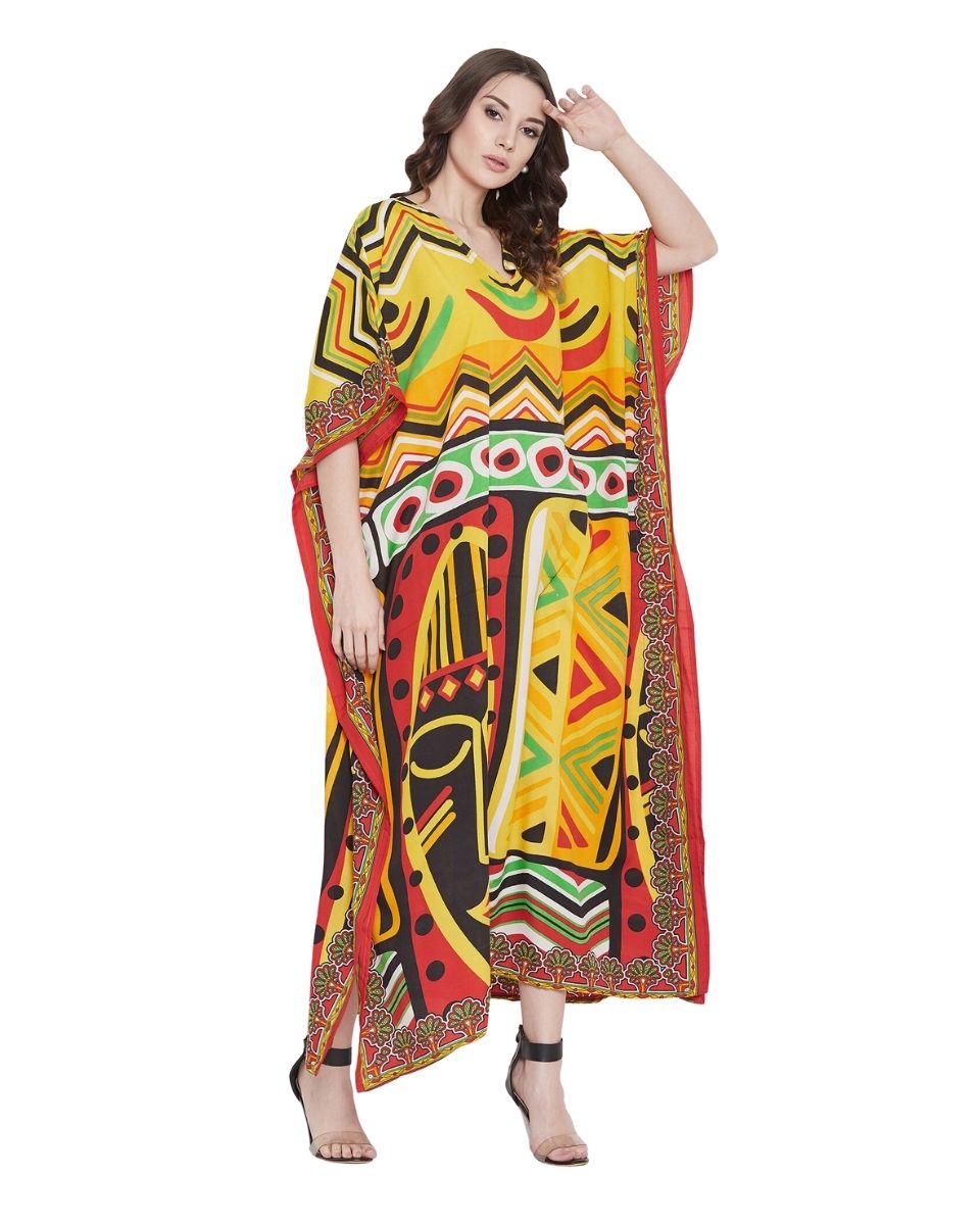 Kaftan Dress For Plus Size Women Tribal Printed Multicolor Polyester
