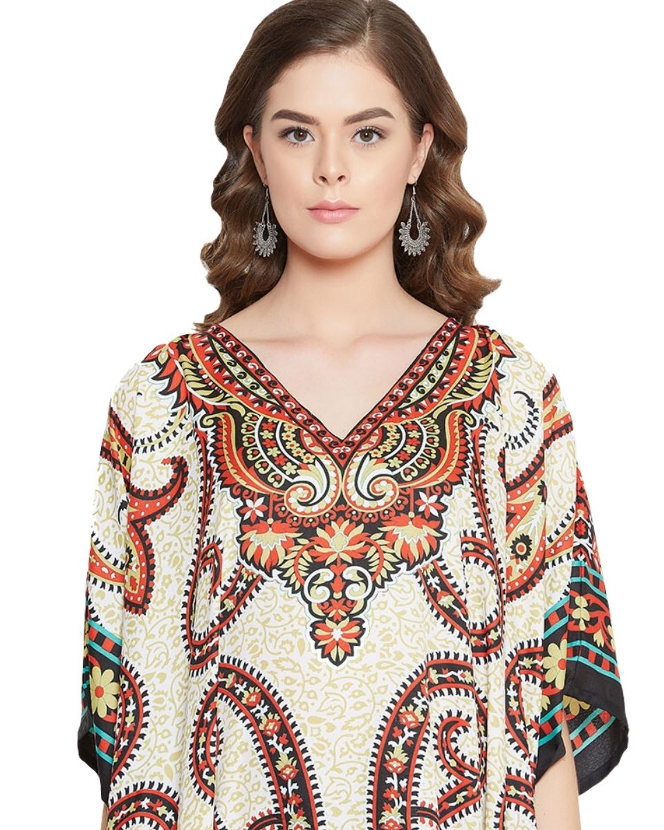 Paisley Printed Beige Polyester Kaftan Dress For Plus Size Women