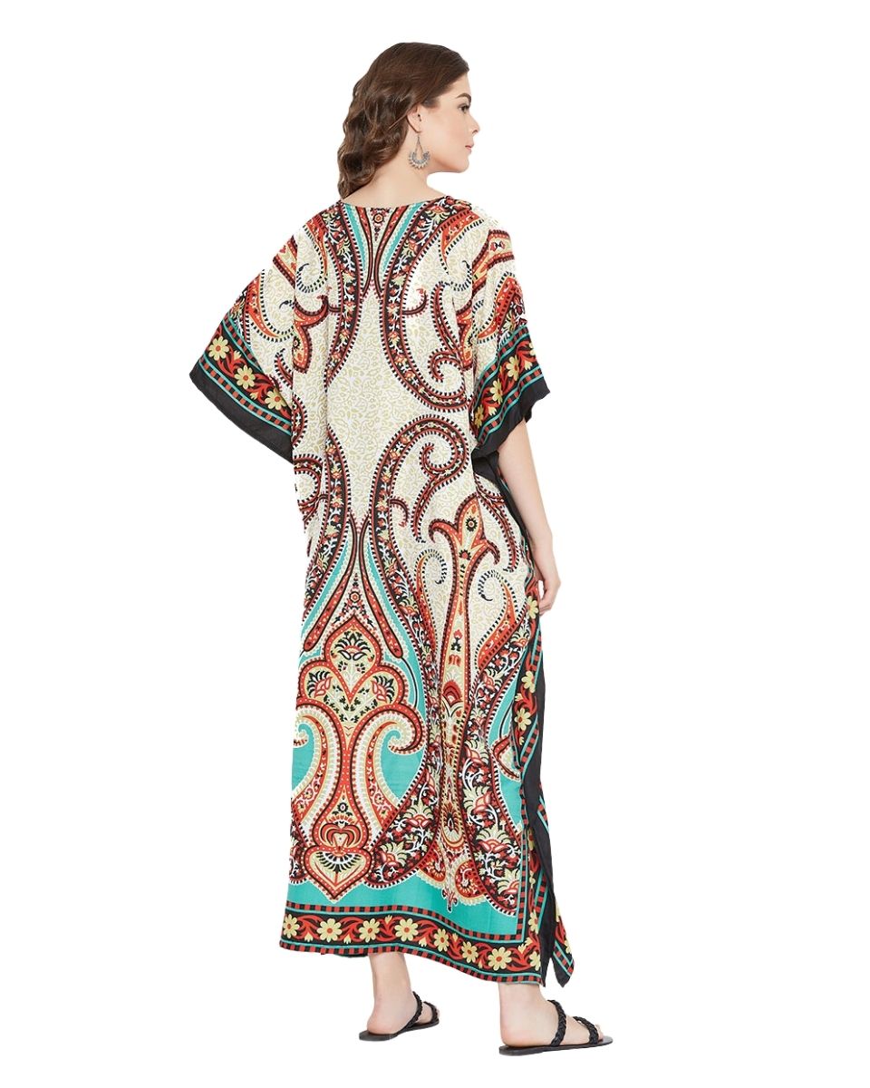 Paisley Printed Beige Polyester Kaftan Dress For Plus Size Women