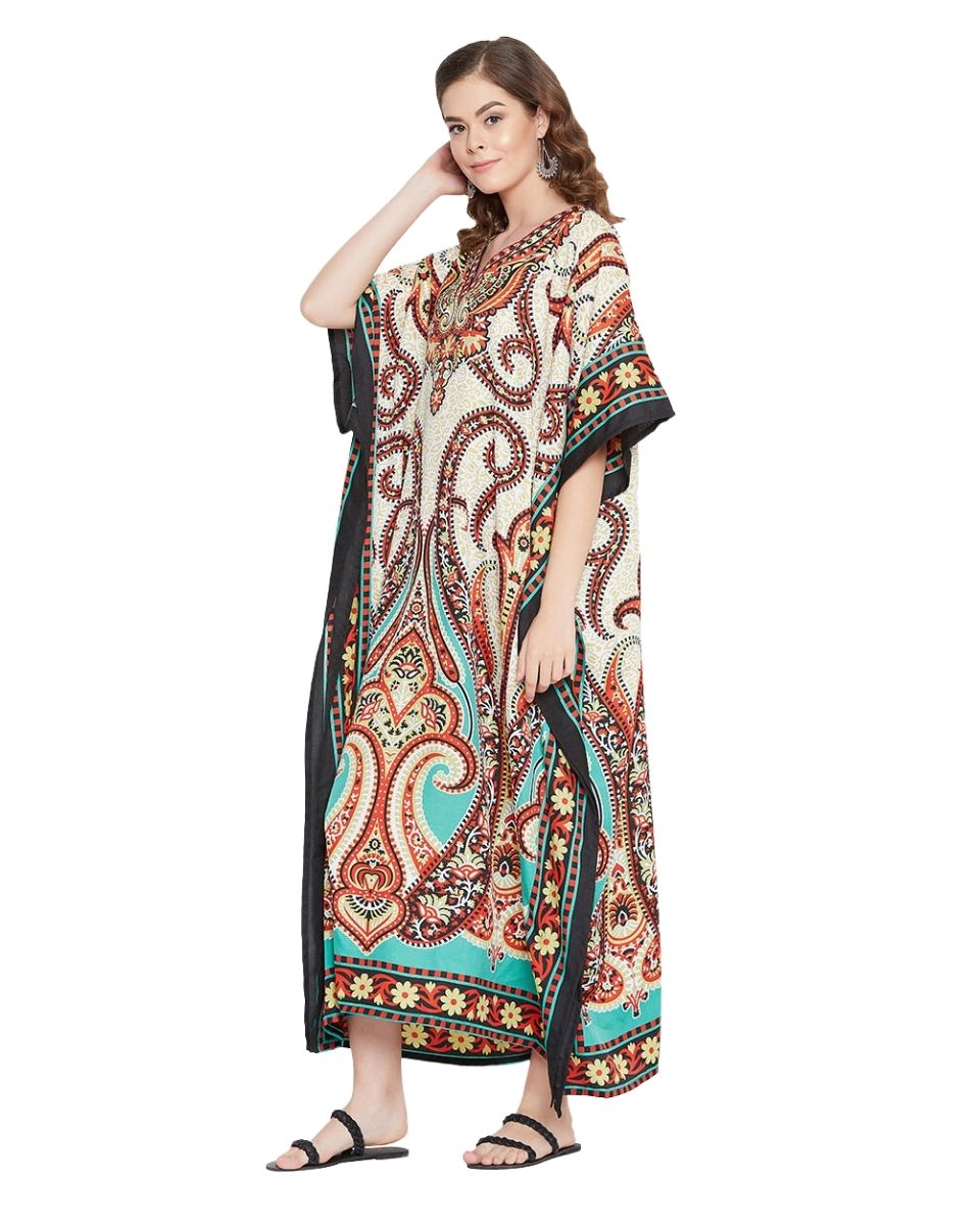 Paisley Printed Beige Polyester Kaftan Dress For Plus Size Women