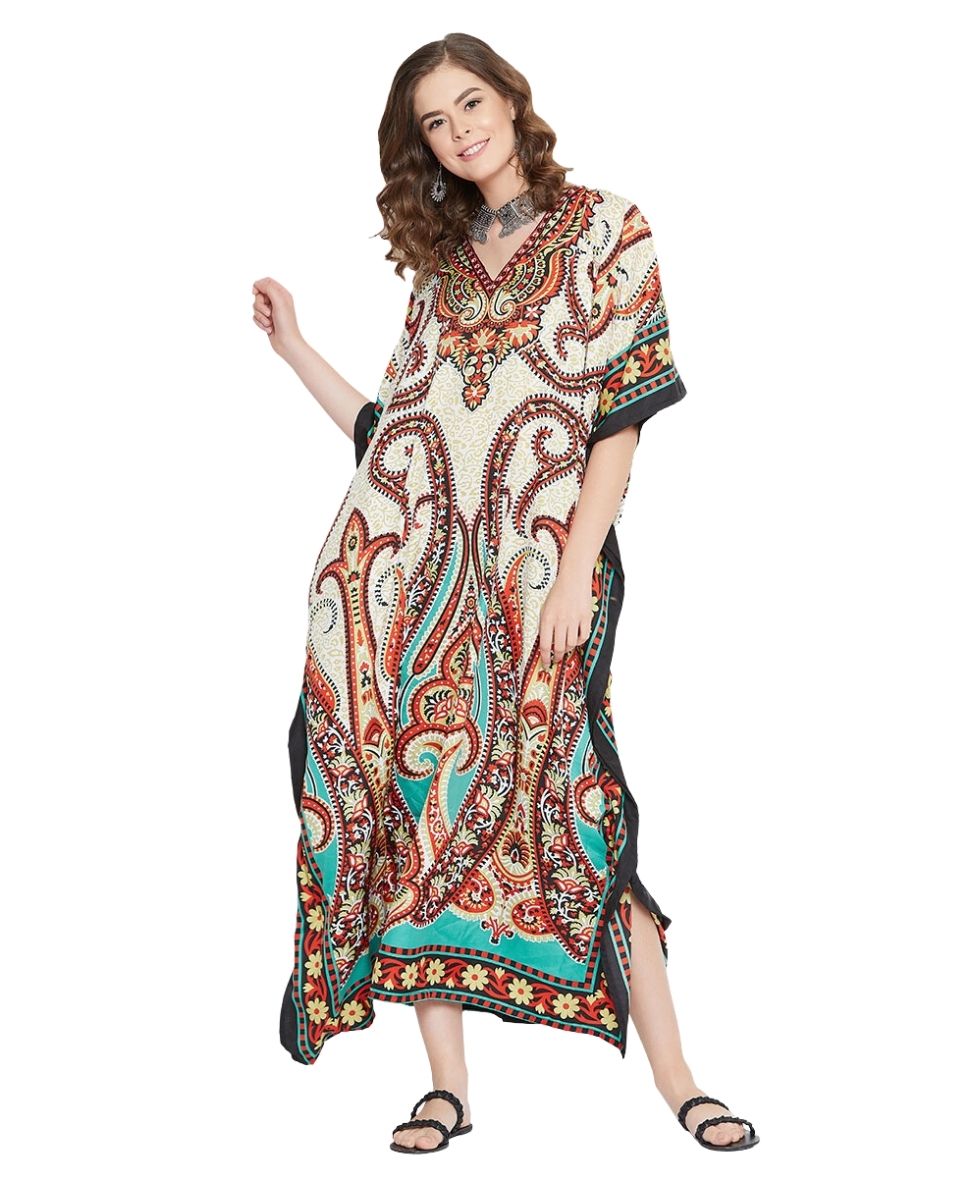 Paisley Printed Beige Polyester Kaftan Dress For Plus Size Women