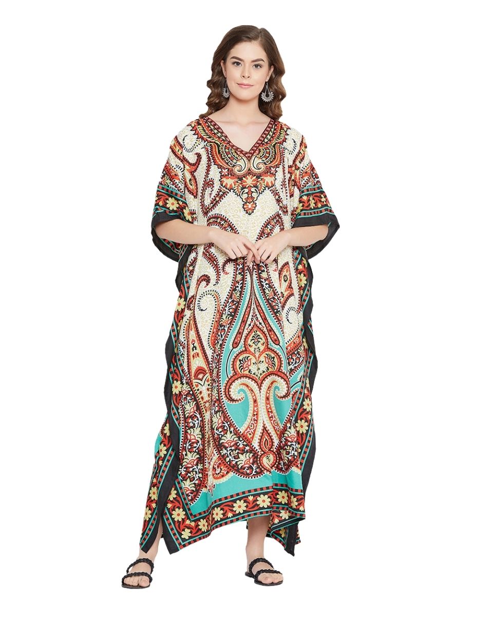 Paisley Printed Beige Polyester Kaftan Dress For Plus Size Women