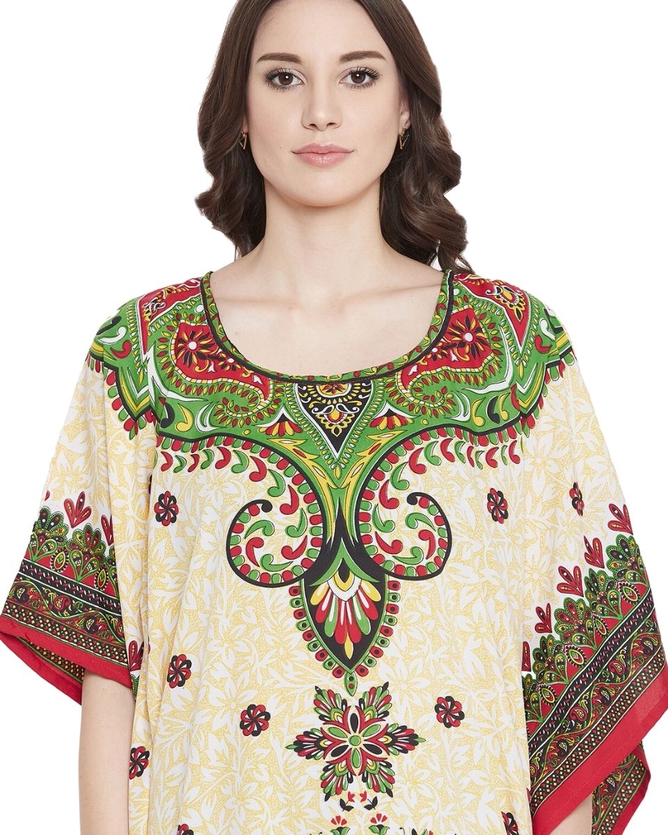 Floral Printed Yellow Polyester Plus Size Kaftan Dress For Women