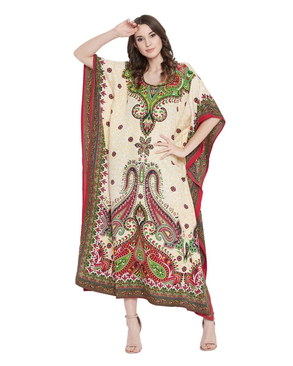 Floral Printed Yellow Polyester Plus Size Kaftan Dress For Women