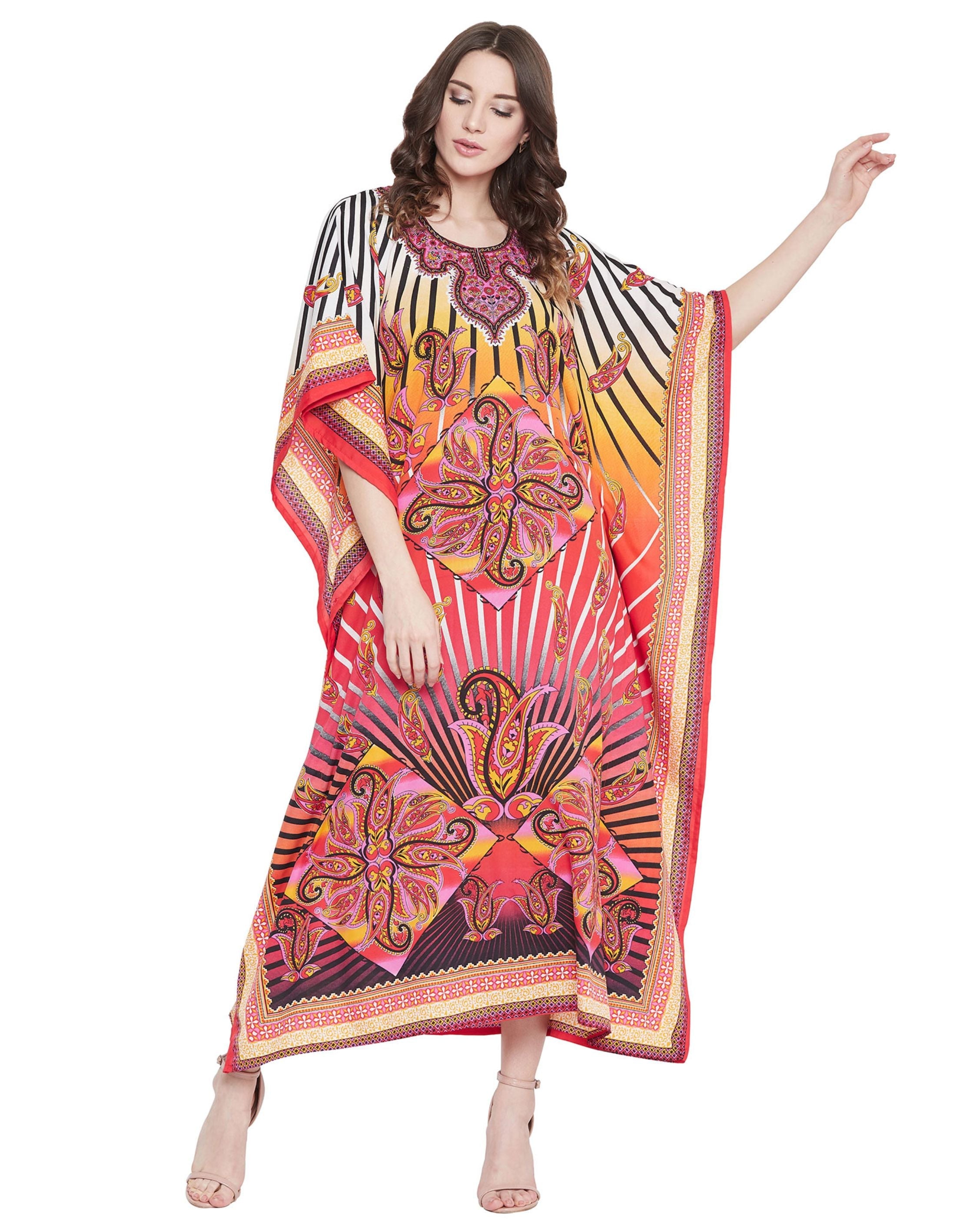 Paisley Printed Multicolor Polyester Plus Size Kaftan For Women