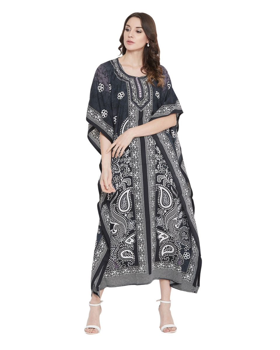 Floral Printed Black Polyester Kaftan Dress For Plus Size Women