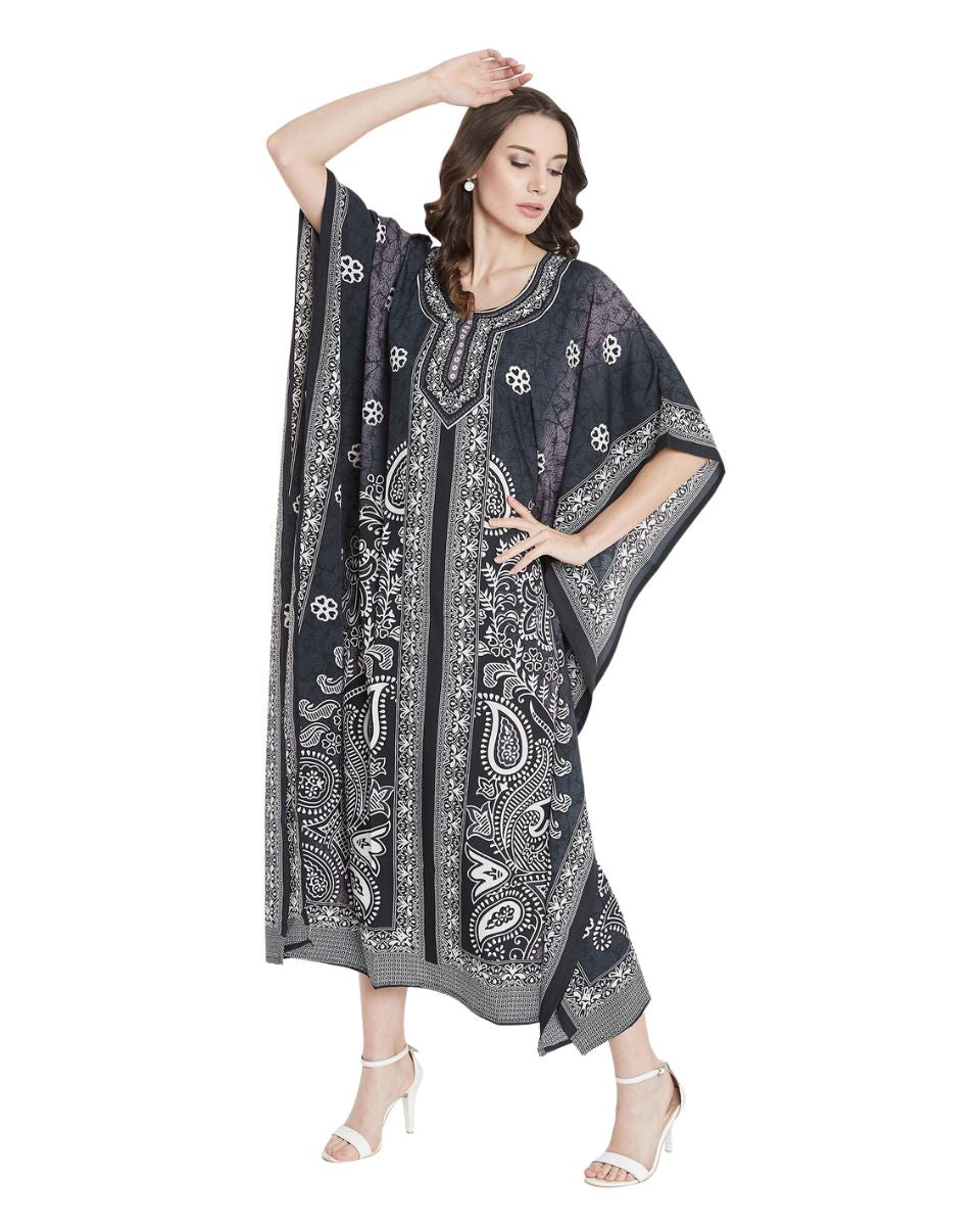 Floral Printed Black Polyester Kaftan Dress For Plus Size Women