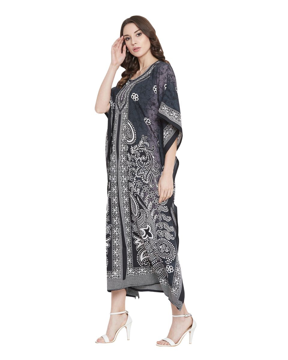 Floral Printed Black Polyester Kaftan Dress For Plus Size Women
