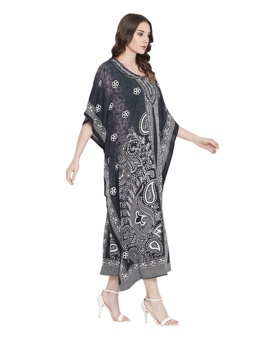 Floral Printed Black Polyester Kaftan Dress For Plus Size Women
