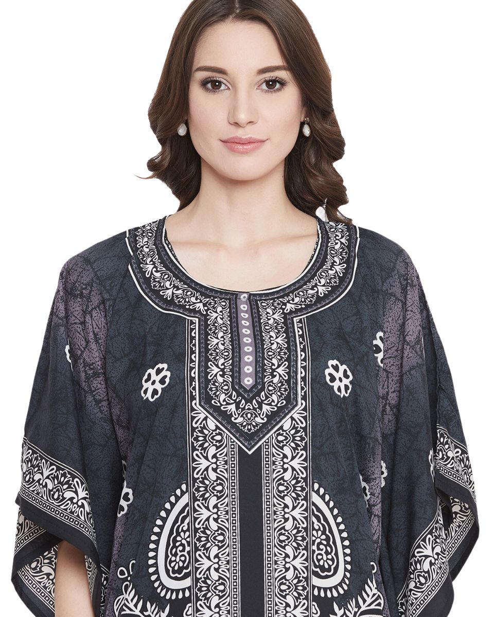 Floral Printed Black Polyester Kaftan Dress For Plus Size Women