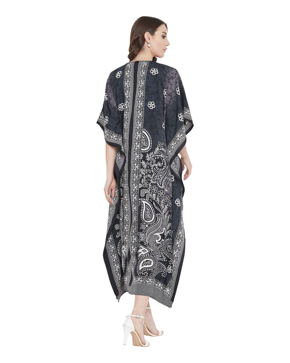 Floral Printed Black Polyester Kaftan Dress For Plus Size Women